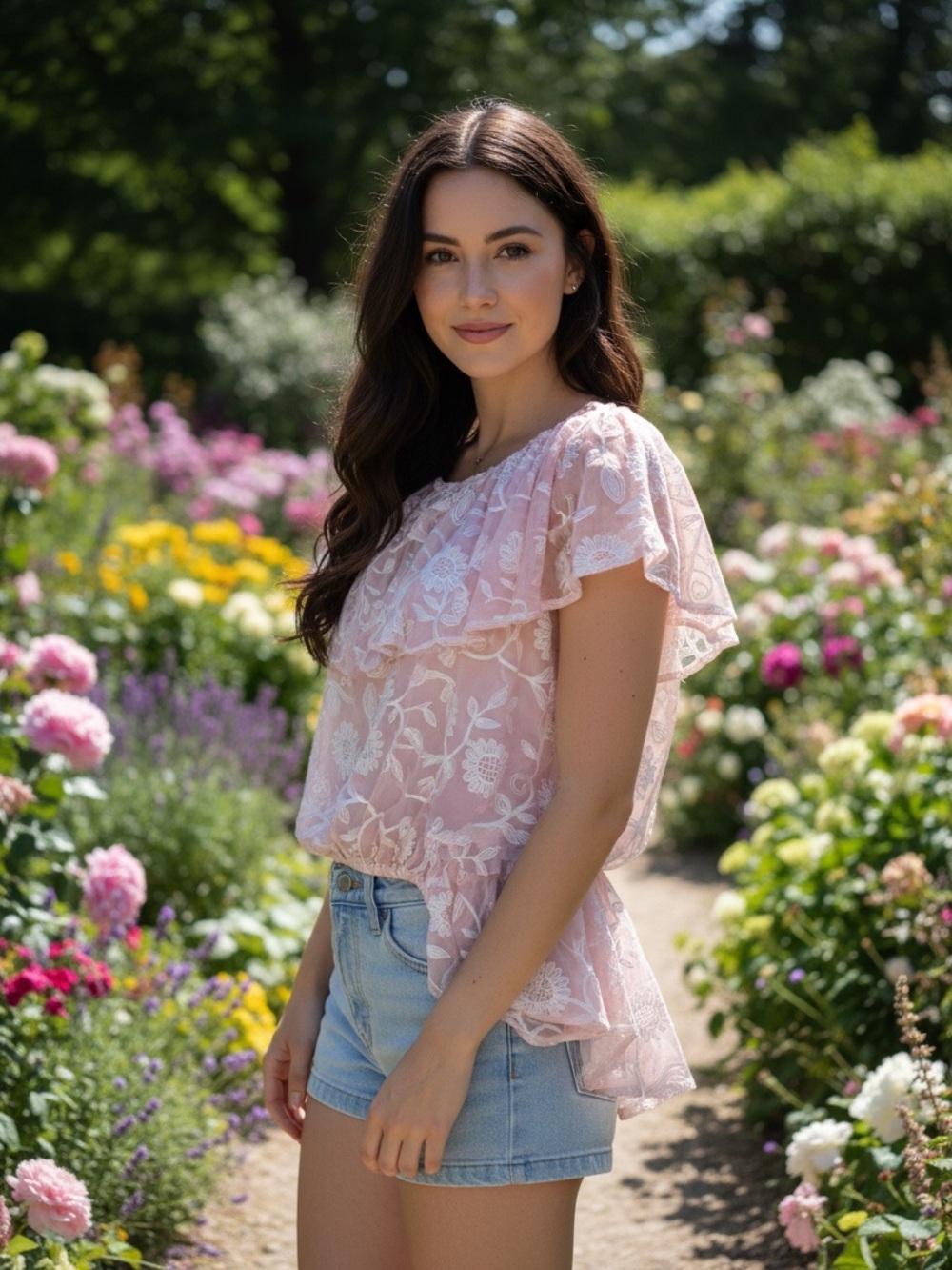 Nina Leonard Blush Pink Floral Lace Ruffle Sleeve Blouse